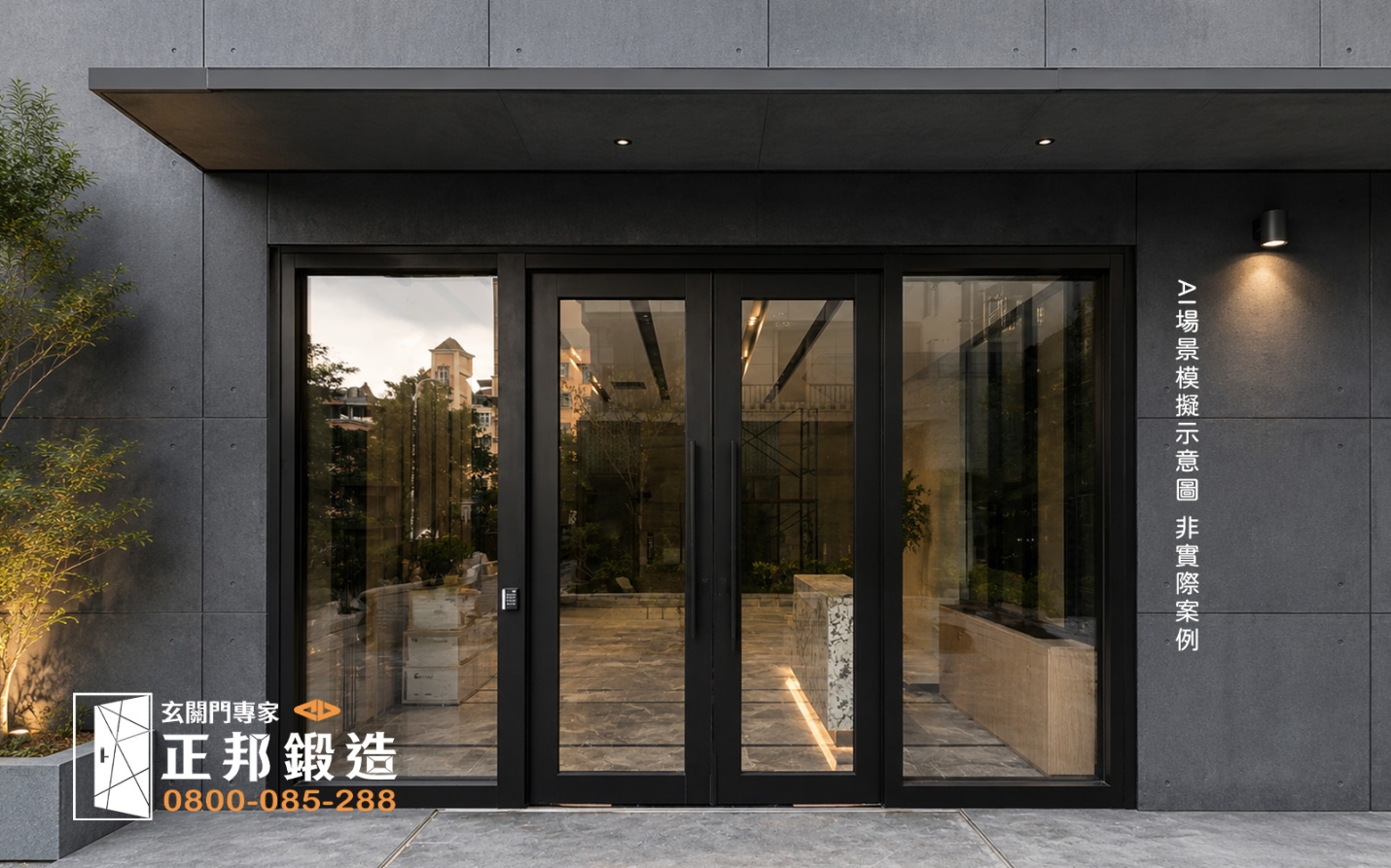 店面玻璃門設計-店面玻璃門費用-正邦鍛造-現代別墅，深灰色水泥板外牆設計
