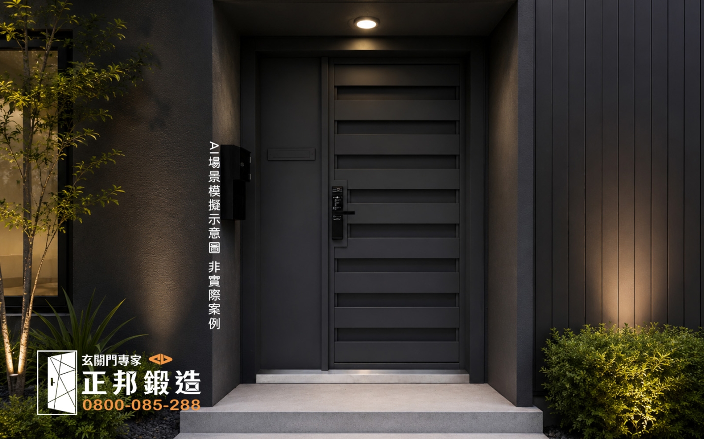 AI 模擬示意圖：正邦鍛造C9C-2062美式工業風信箱庭院門FR-2898G 深灰砂 現代黑白風格住宅，黑色外牆設計