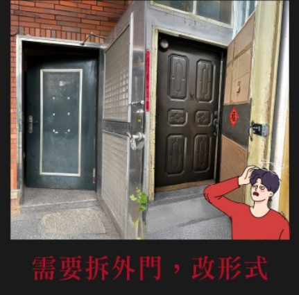 社區要求拆除外鐵門後只剩老舊綠色硫化銅門？正邦鍛造包框換門實例：左為單薄豬肝色舊門，右為升級鍛造鋼防盜玄關門，一門兼顧安全、美觀與逃生合規