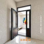 現代風玻璃木紋玄關門設計，深灰色門框搭配採光玻璃與木紋面板，適合透天住宅、自地自建與現代風居家入口規劃