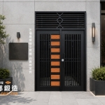 外玄關門推薦 現代格柵雙玄關門搭配清水模外牆與木紋造型設計示意圖 正邦鍛造
