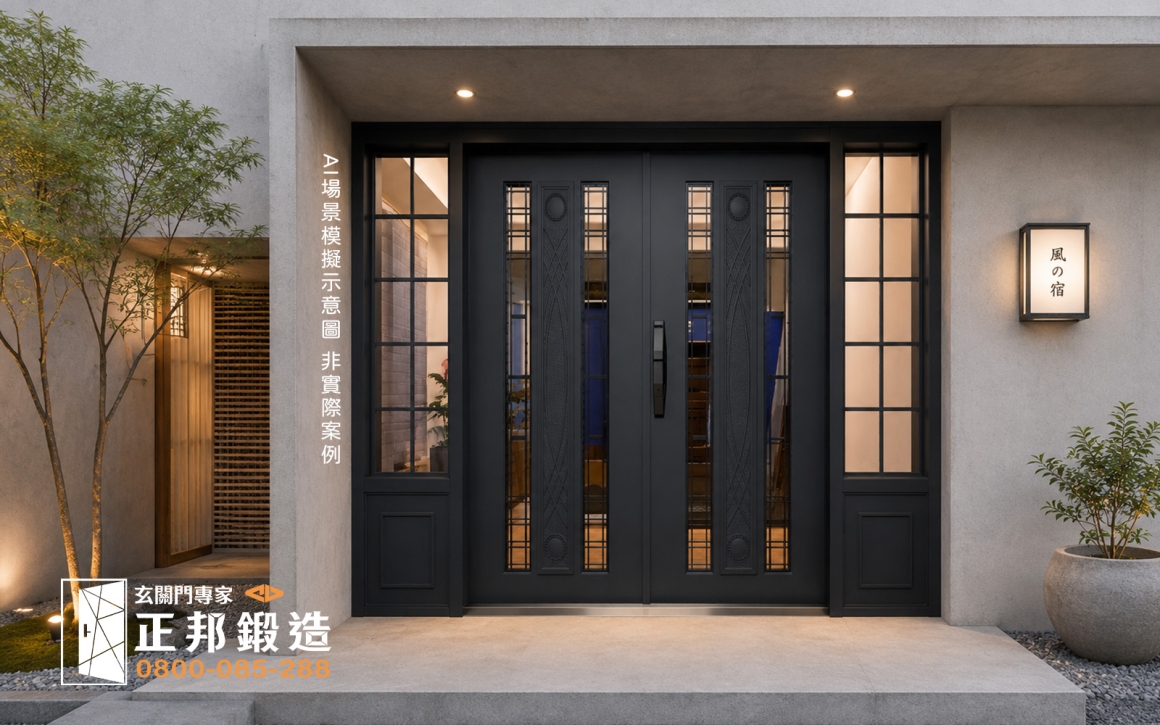 現代透天大門設計 玻璃玄關門情境示意 日系精品飯店外觀，淺灰色水泥設計